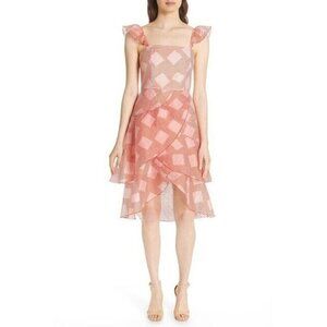 Alice + Olivia Azura Waterfall Ruffle Dress Pink Red Striped Organza 12 New